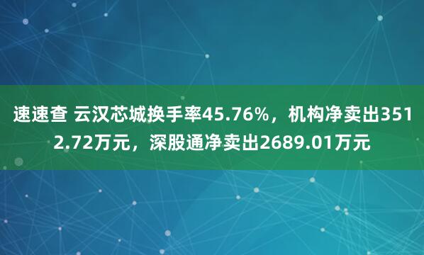速速查 云汉芯城换手率45.76%，机构净卖出3512.72万元，深股通净卖出2689.01万元